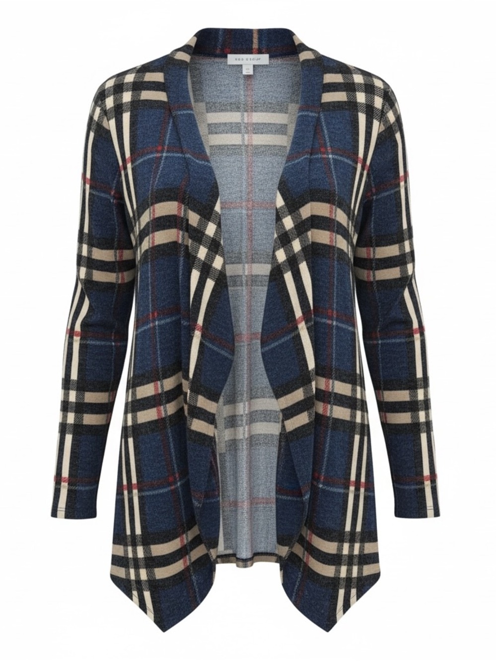 Avenue Navy Plaid Draped Open Front Waterfall Cardigan - Size 22/24